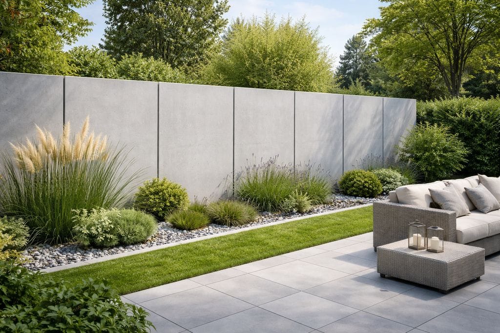 Heller Sichtschutzzaun aus Beton im modernen Garten neben der Terrasse, geradlinig gestaltet und von Pflanzen umgeben, als stilvolle Lösung für mehr Privatsphäre vor Nachbarn