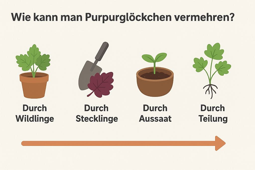 Infografik: Schritt-für-Schritt Anleitung zur Vermehrung von Purpurglöckchen (Heuchera) – verschiedene Methoden wie Teilung, Aussaat und Stecklinge erklärt.