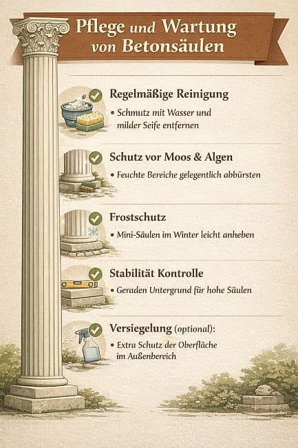 Infografik zeigt fünf Tipps zur Pflege und Wartung von Betonsäulen im Garten: regelmäßige Reinigung, Schutz vor Moos und Algen, Frostschutz, Kontrolle der Stabilität und optionale Versiegelung, mit kurzen Beschreibungen und passenden Illustrationen