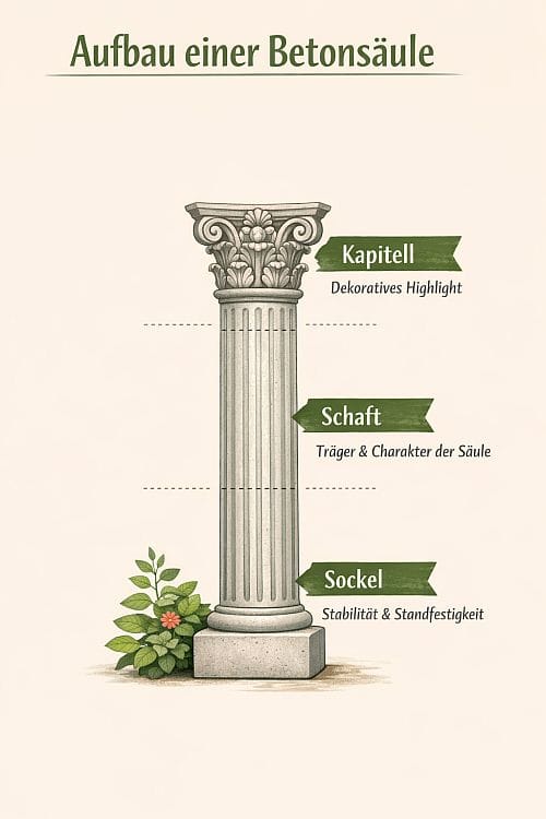Infografik zeigt den Aufbau einer Betonsäule im Garten mit drei beschrifteten Teilen: Sockel für Stabilität, Schaft als Träger und Charakter der Säule, sowie Kapitell als dekoratives Highlight. Daneben kleine Pflanze als Dekoration