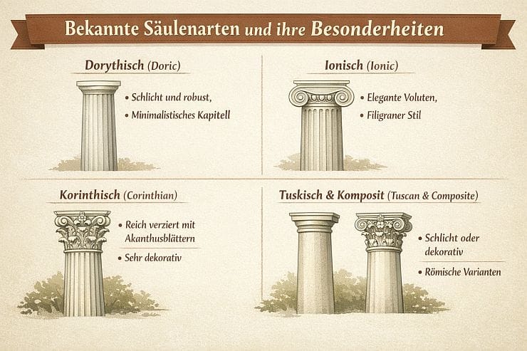 Infografik zeigt vier klassische Säulenarten: Dorythisch, Ionisch, Korinthisch und Tuskisch & Komposit, mit kurzen Beschreibungen ihrer Besonderheiten und Illustrationen