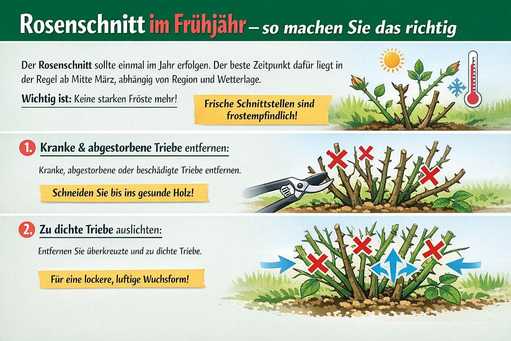 Infografik zum Rosenschnitt im Frühjahr: Richtiger Zeitpunkt ab Mitte März, kranke und abgestorbene Triebe entfernen, zu dichte Triebe auslichten, für gesunde, blühfreudige Rosen. Mit Symbolen für Frühling, Schere und Luftzirkulation.