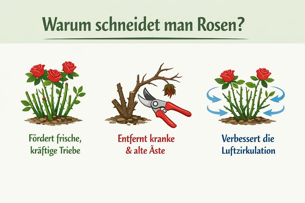 Infografik zeigt drei Gründe für Rosenschnitt: fördert frische, kräftige Triebe; entfernt kranke und alte Äste; verbessert die Luftzirkulation um die Rose