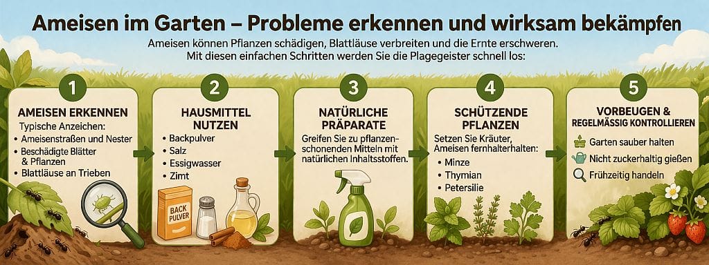 Infografik: Ameisen im Garten erkennen und mit Hausmitteln und natürlichen Präparaten bekämpfen – Tipps zu Backpulver, Salz, Essig, Zimt und vorbeugenden Maßnahmen