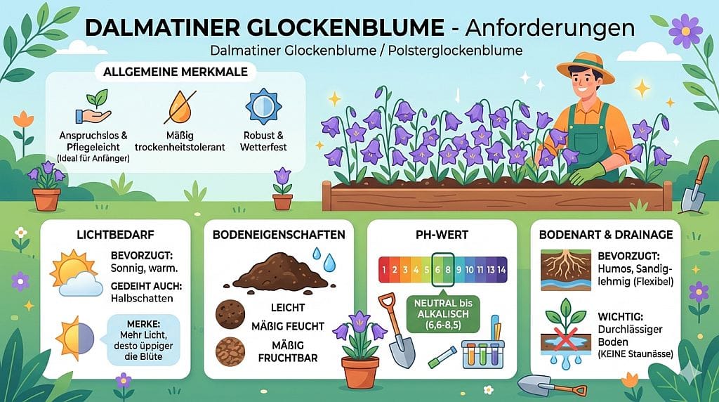 Infografik zu den Pflegeanforderungen der Dalmatiner-Glockenblume