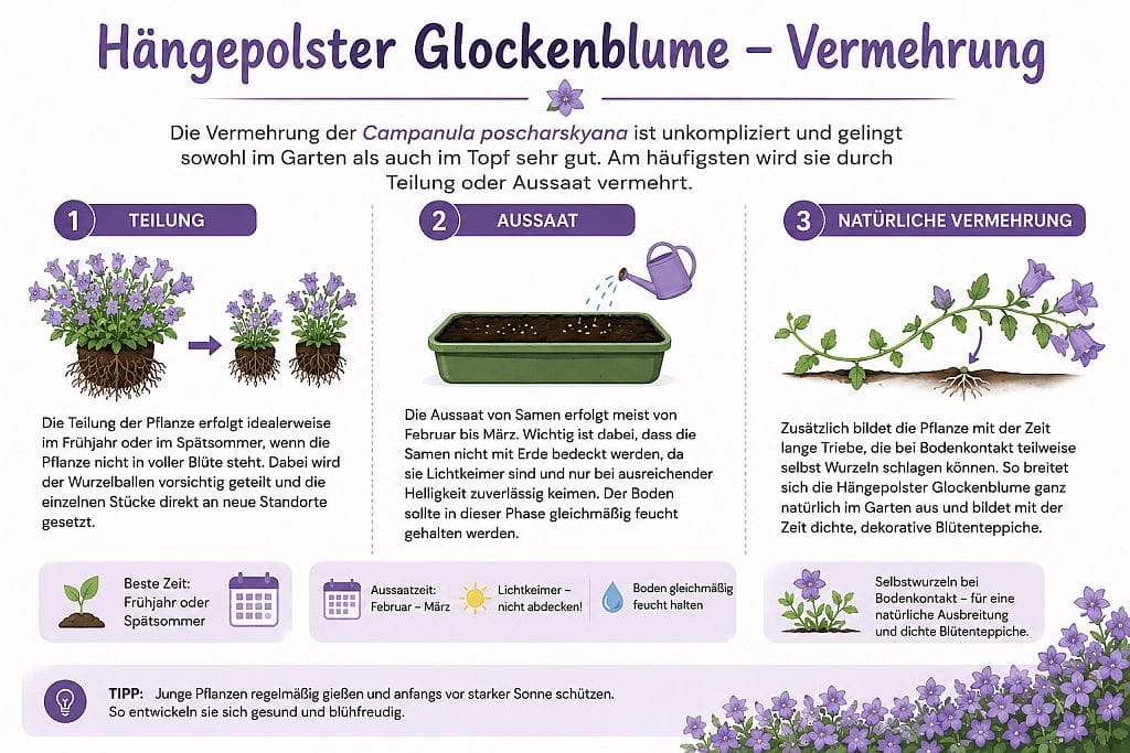 Infografik zur Vermehrung der Hängepolster-Glockenblume (Campanula poscharskyana) mit drei Abschnitten: Teilung des Wurzelballens im Frühjahr oder Spätsommer, Aussaat von lichtkeimenden Samen im Februar bis März sowie natürliche Vermehrung durch kriechende Triebe, die bei Bodenkontakt Wurzeln bilden und dichte Blütenteppiche erzeugen. Illustration mit Pflanzen, Erde, Gießkanne und Wachstumsschritten.