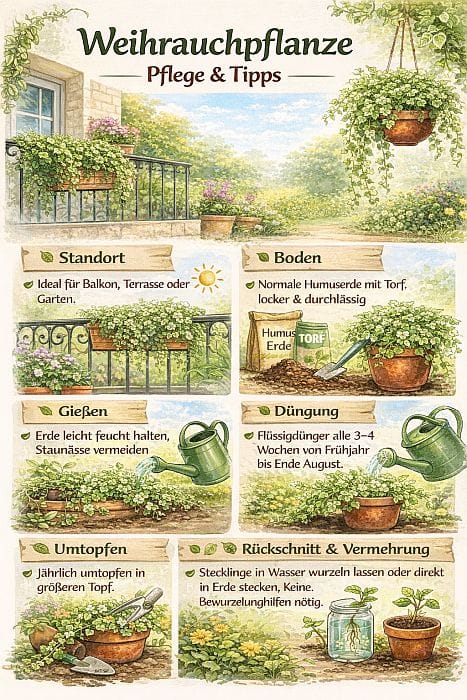 Infografik zur Weihrauchpflanze mit Pflegetipps zu Standort, Erde, Gießen, Düngen, Umtopfen sowie Rückschnitt und Vermehrung durch Stecklinge