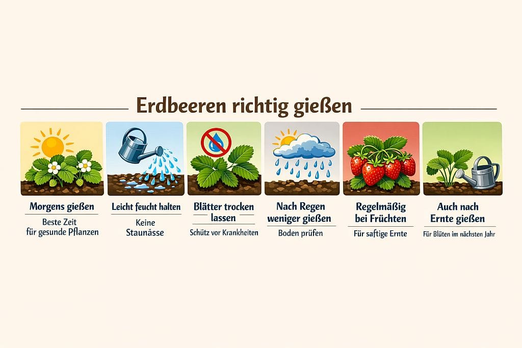 Infografik Erdbeeren richtig gießen – Tipps zum Gießen, Feuchtigkeit, Schutz vor Krankheiten und Pflege nach der Ernte
