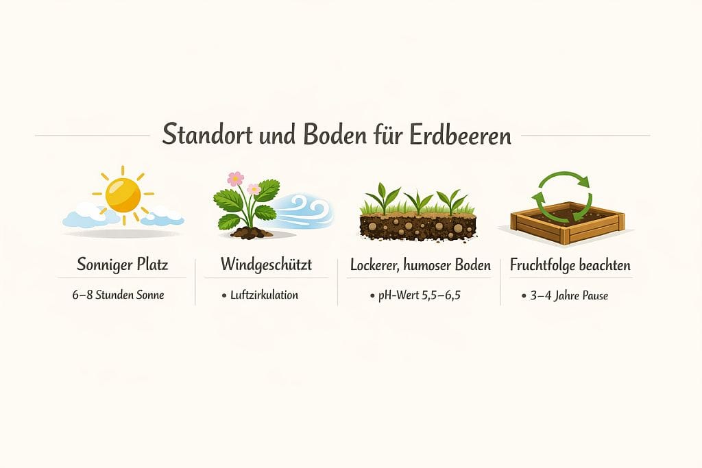 Infografik: Standort und Boden für Erdbeeren – sonniger Platz, windgeschützt, lockerer humoser Boden, Fruchtfolge beachten
