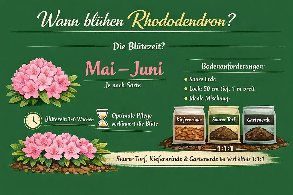 Infografika Rhododendron – Wann blühen Rhododendren? Zeigt Blütezeit von April bis Juni je nach Sorte, Bodenanforderungen (saure Erde, Mischung aus Kiefernrinde, saurem Torf und Gartenerde 1:1:1) sowie Tipps für optimale Pflege zur Verlängerung der Blüte. Mit Illustrationen von blühenden Rhododendron-Pflanzen und Bodenzutaten