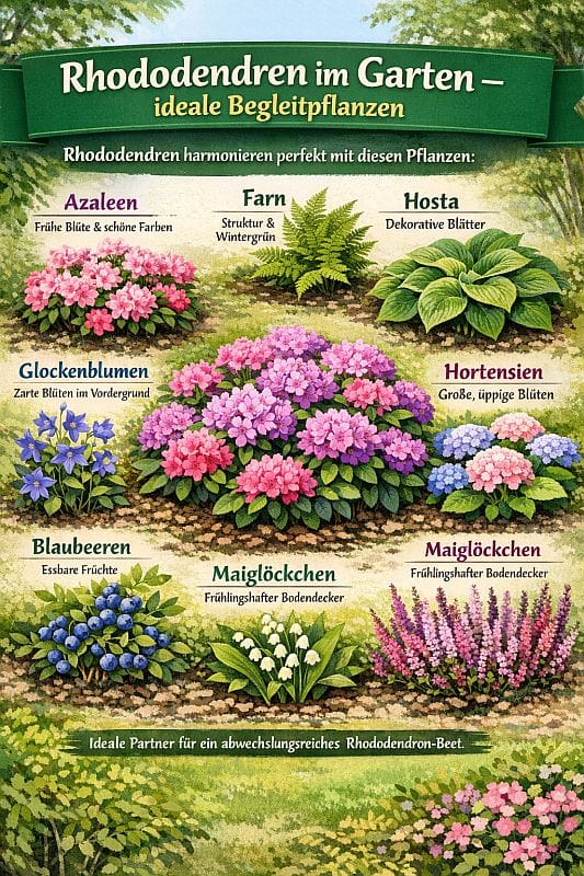 Infografik zeigt beliebte Begleitpflanzen für Rhododendren: Azaleen, Farn, Hosta, Glockenblumen, Hortensien, Blaubeeren, Maiglöckchen und Heidekraut, die halbschattige, feuchte und leicht saure Standorte bevorzugen, für abwechslungsreiche, dekorative Gartenbeete