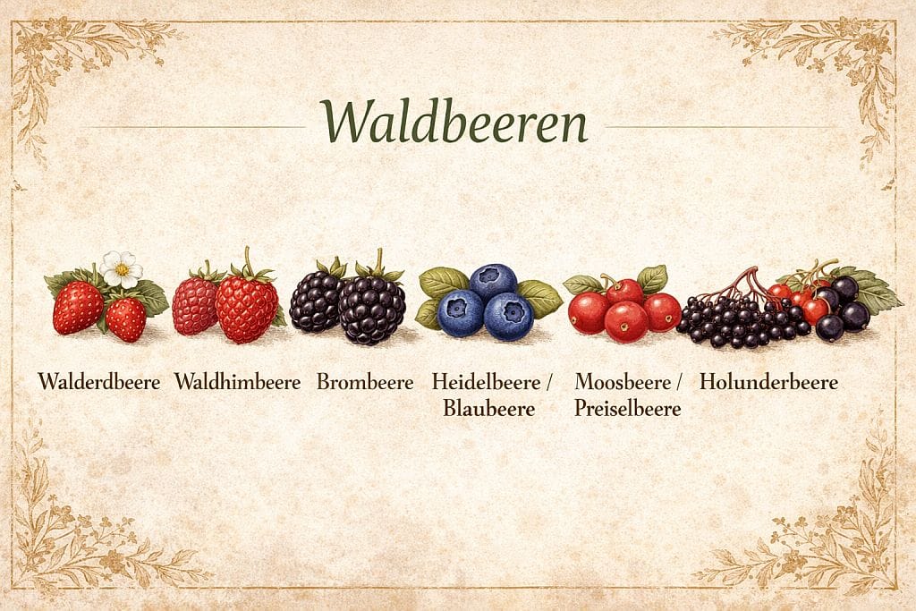 Arten von Waldbeeren: Walderdbeere, Waldhimbeere, Heidelbeere, Brombeere – Symbole, Standort und Verwendung