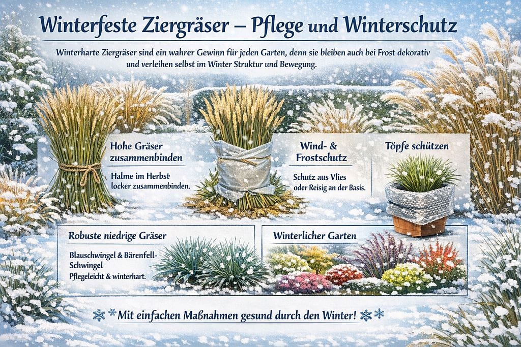 Infografik, die winterharte Ziergräser und ihre Winterpflege zeigt: Tipps zum Zusammenbinden hoher Gräser, Schutz vor Wind und Frost, Pflege niedriger Gräser sowie Absicherung von Gräsern in Töpfen, damit der Garten im Winter dekorativ bleibt