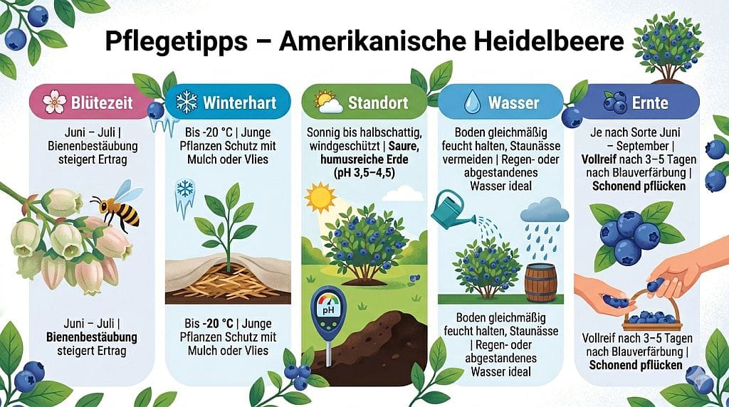 Übersichtliche Infografik mit Pflegetipps für die Amerikanische Heidelbeere. Fünf illustrierte Spalten erklären kurz und verständlich die wichtigsten Voraussetzungen für eine erfolgreiche Ernte: Blütezeit, Winterhärte, Standort & Boden, Wasserbedarf und Erntezeit