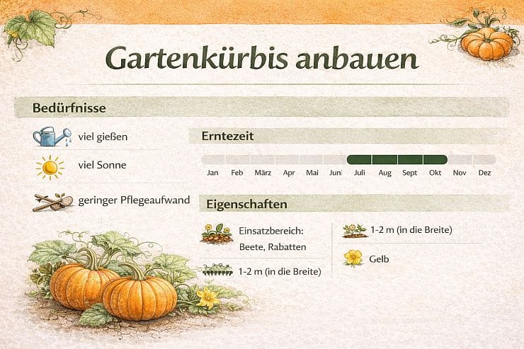 Horizontale Infografik zeigt den Anbau von Gartenkürbis: Wasserbedarf, Sonnenlicht, geringer Pflegeaufwand, Erntezeit von Sommer bis Herbst und typische Eigenschaften
