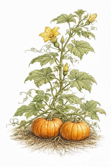 Botanische Darstellung des Gartenkürbis (Cucurbita pepo) mit Ranken, großen Blättern, gelben Blüten und reifen Kürbisfrüchten