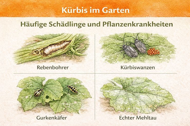 Infografik zeigt typische Schädlinge und Krankheiten bei Kürbissen: Rebenbohrer, Kürbiswanzen, Gurkenkäfer und Echter Mehltau
