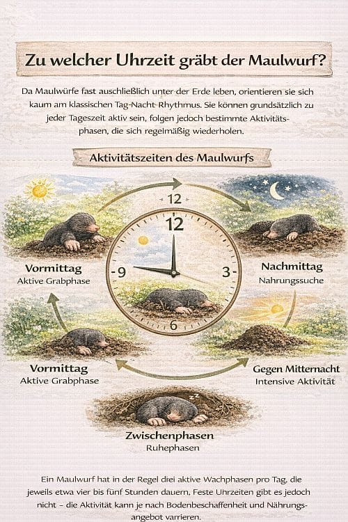 Infografik mit Uhrdarstellung zeigt, wann der Maulwurf gräbt: aktive Phasen am Vormittag, Nachmittag und um Mitternacht sowie Ruhephasen dazwischen