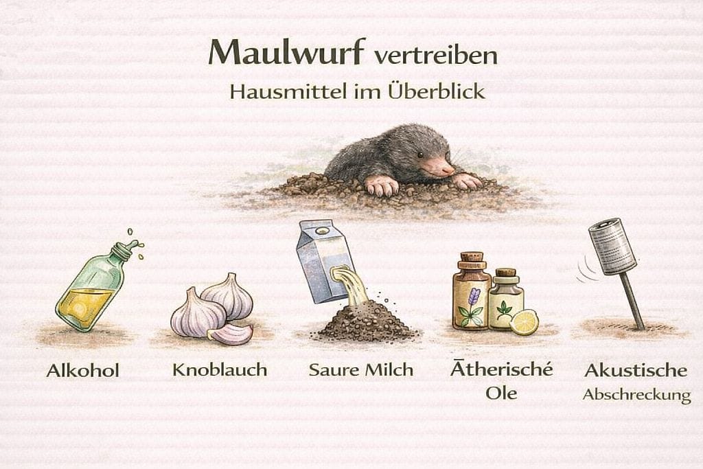 Infografik zeigt einen Maulwurf auf einem Erdhügel sowie Symbole für Hausmittel wie Alkohol, Knoblauch, saure Milch, ätherische Öle und akustische Abschreckung