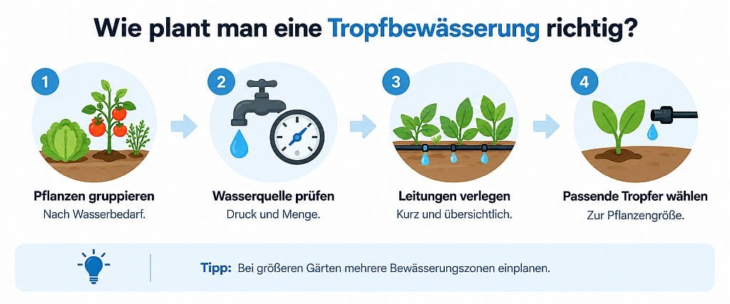 Tropfbewässerung richtig planen – vier Schritte von der Pflanzenaufteilung bis zur Auswahl passender Tropfer