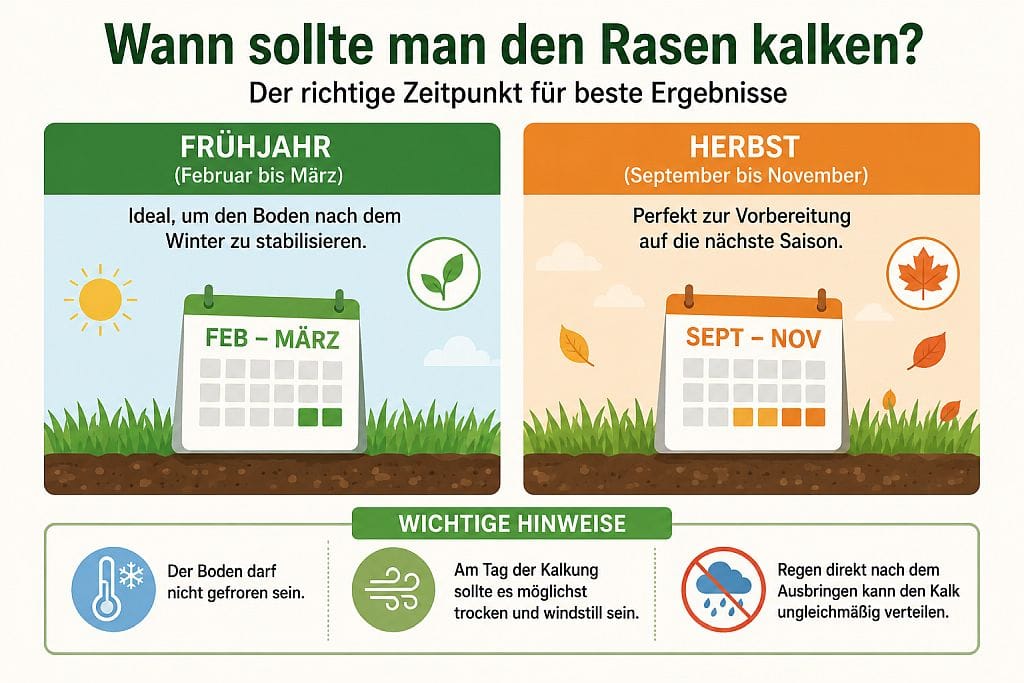 Infografik zum optimalen Zeitpunkt für das Kalken des Rasens: Links wird der Frühling (Februar–März) als idealer Zeitraum zur Stabilisierung des Bodens nach dem Winter dargestellt, rechts der Herbst (September–November) zur Vorbereitung des Rasens auf die nächste Saison. Unten stehen wichtige Hinweise: Der Boden darf nicht gefroren sein, das Kalken sollte an einem trockenen und windstillen Tag erfolgen, und Regen direkt nach der Anwendung kann zu einer ungleichmäßigen Verteilung des Kalks führen. Mit einfachen Symbolen wie Kalender, Blättern, Sonne und Regen.