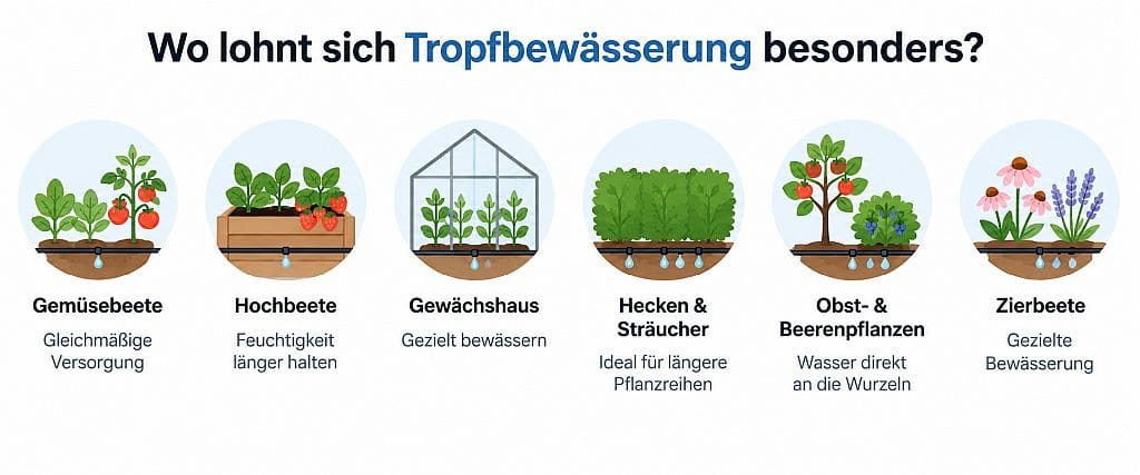Tropfbewässerung im Garten – geeignete Einsatzbereiche für Gemüsebeete, Hochbeete, Gewächshäuser, Hecken, Obst- und Beerenpflanzen sowie Zierbeete