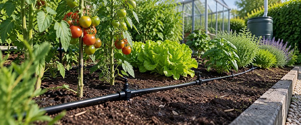 Tropfbewässerung im Garten mit Bewässerungsschlauch zwischen Gemüse- und Kräuterbeeten