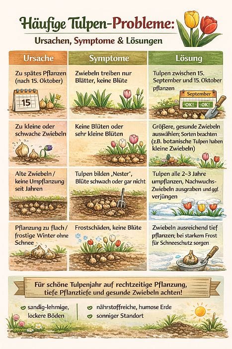 Infografik zeigt häufige Probleme bei Tulpen mit Ursachen, typischen Symptomen und konkreten Lösungen wie richtiger Pflanzzeit, ausreichender Pflanztiefe und Auswahl gesunder Zwiebeln