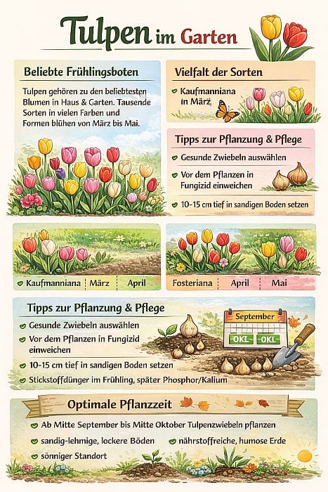 Infografik über Tulpen im Garten mit Informationen zu Blütezeiten von März bis Mai, beliebten Sorten, Pflanzzeit im Herbst sowie Tipps zu Boden, Standort und Pflege