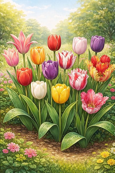 Illustration einer Tulpenblüte mit mehreren Sorten: klassische Tulpen, lilienförmige Tulpen, Rembrandt- und Papageientulpen in verschiedenen Farben