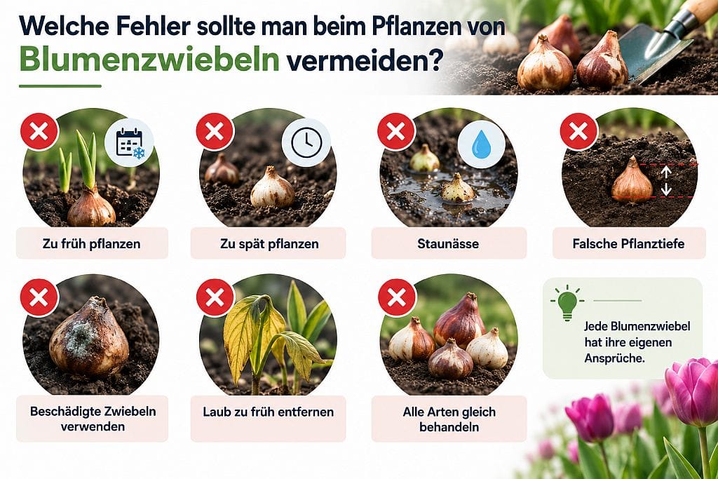 Häufige Fehler beim Pflanzen von Blumenzwiebeln – falsche Pflanzzeit, Staunässe, falsche Pflanztiefe, beschädigte Zwiebeln und zu frühes Entfernen des Laubs