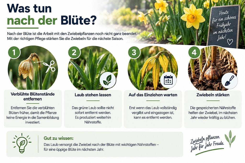 Was tun nach der Blüte? Verblühte Blüten entfernen, Laub stehen lassen und erst nach dem Vergilben zurückschneiden