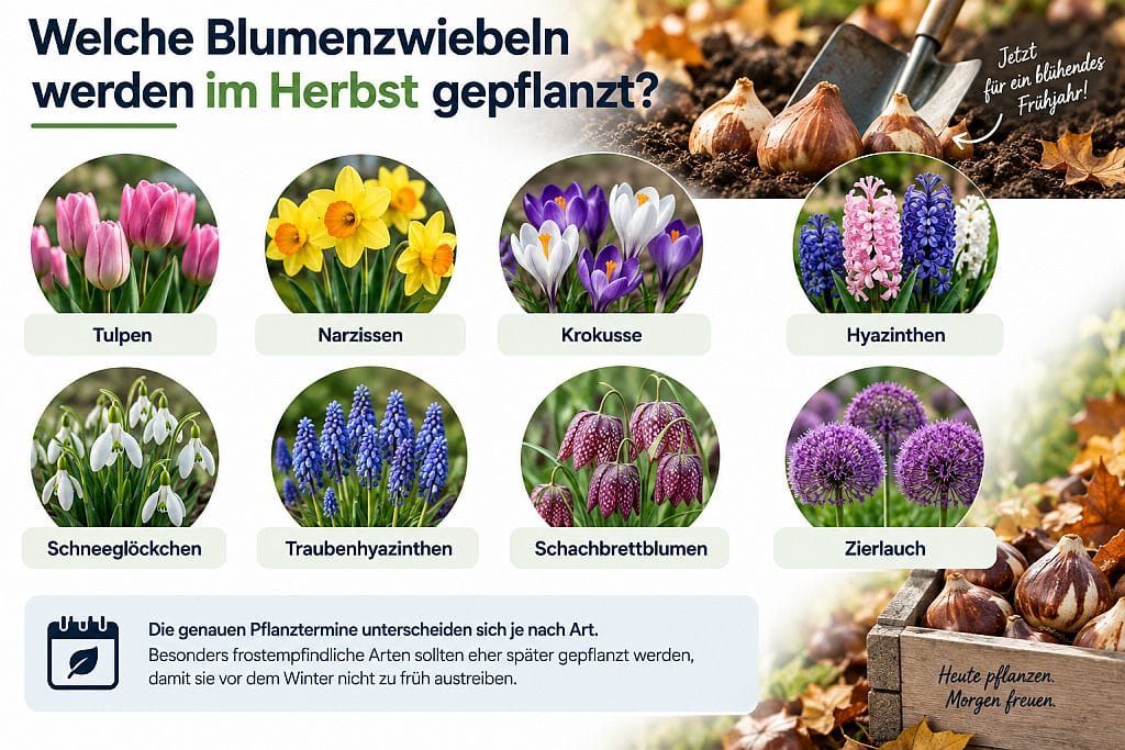 Welche Blumenzwiebeln im Herbst pflanzen – Infografik mit den wichtigsten Herbstblühern und Pflanzzeiten