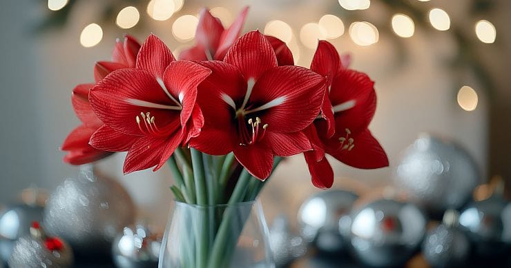 Amaryllis (Hippeastrum) mit großen roten und weißen Blüten, festliche Weihnachtsdekoration