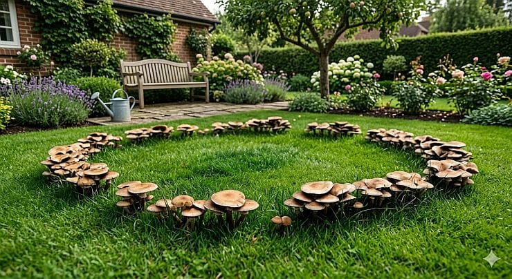 Hexenring auf dem Rasen im Garten