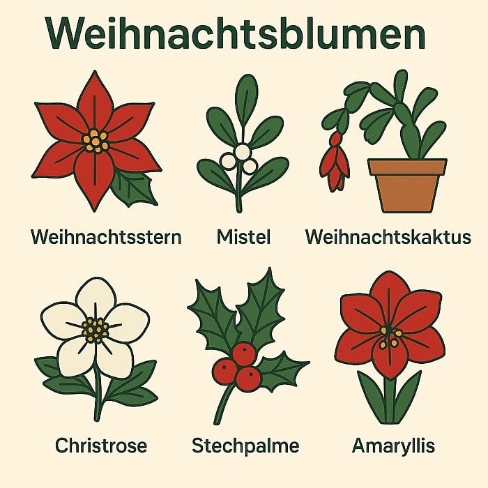 Deutschsprachige Infografik mit dem Titel „Weihnachtsblumen“: In zwei Reihen sind stilisierte Illustrationen von Weihnachtsstern, Mistel, Weihnachtskaktus, Christrose, Stechpalme und Amaryllis mit Beschriftung dargestellt