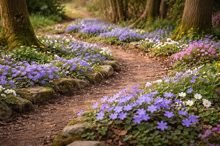 Wunderschöner Gartenweg im Frühling, gesäumt von Leberblümchen in Blau, Weiß und Rosa, unter schattigen Bäumen mit weichem Licht und Laub auf dem Boden
