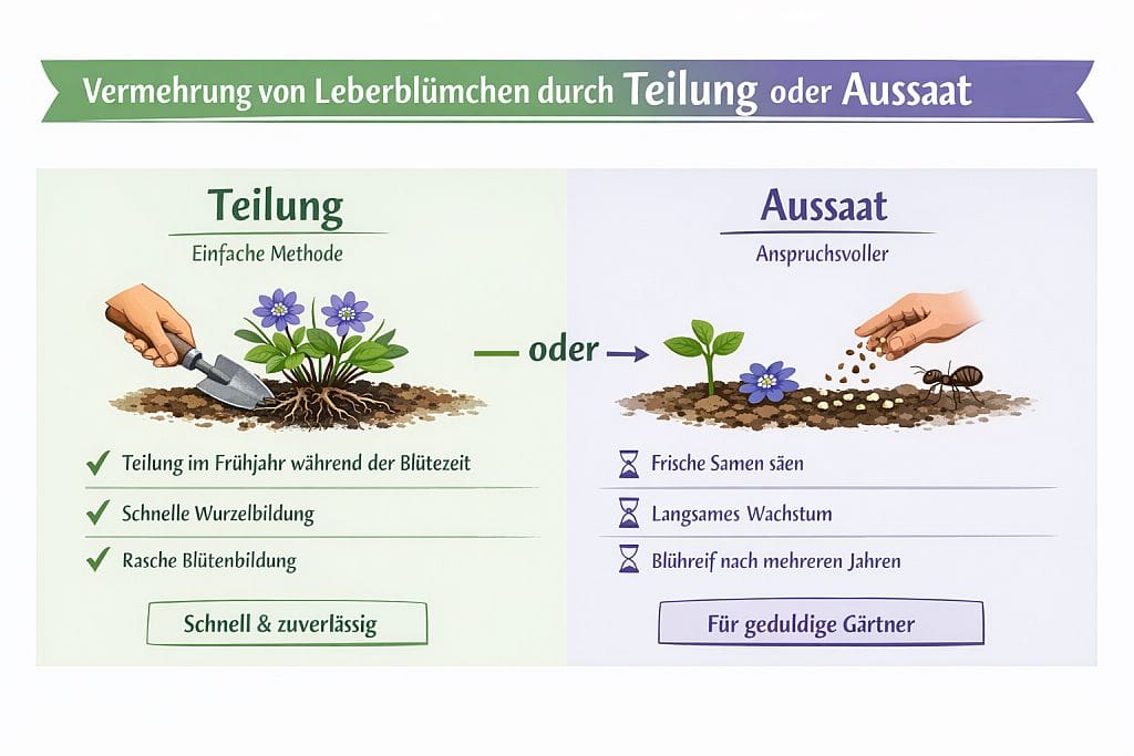 Infografik zeigt die Vermehrung von Leberblümchen durch Teilung im Frühjahr oder Aussaat mit Ameisen, inklusive Tipps zu schneller Wurzelbildung und Blühreife