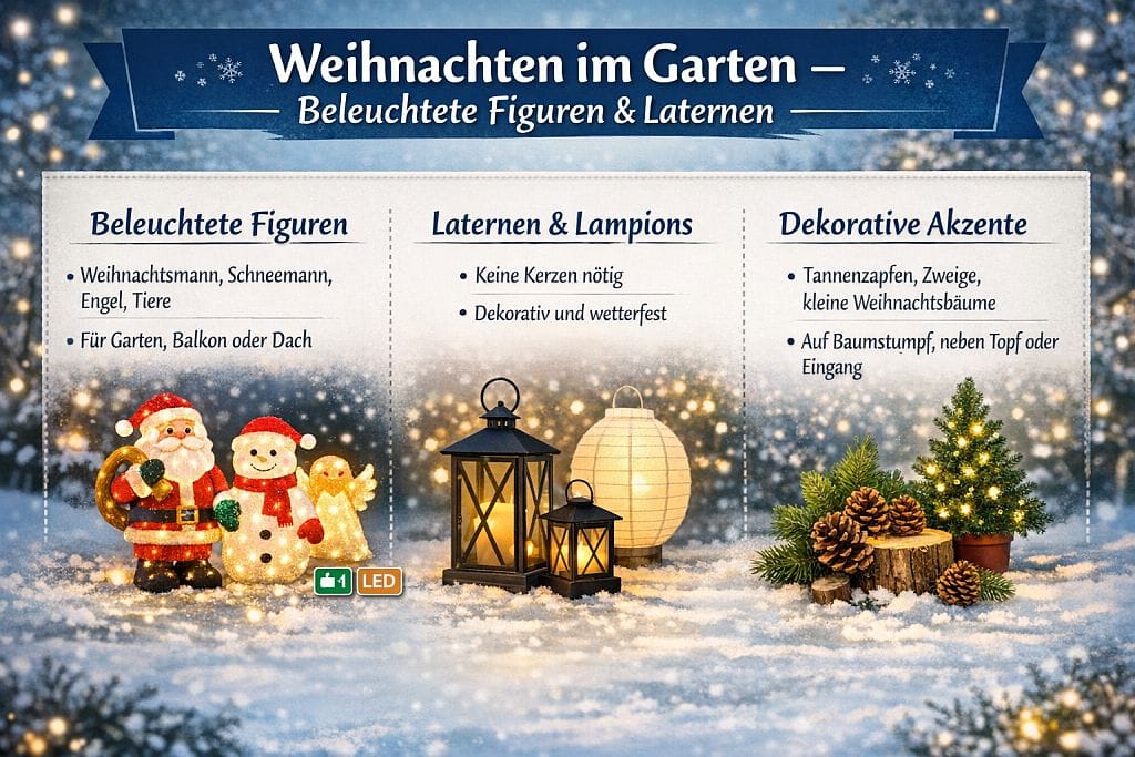 Infografik zu Weihnachten im Garten mit beleuchteten Figuren, Laternen und dekorativen Akzenten.Gartendeko für Weihnachten: Weihnachtsmann, Schneemann, Engel, Laternen und kleine Tannenzapfenbäume im Schnee.