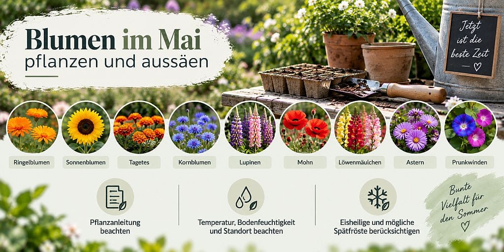 Blumen im Mai pflanzen: Geeignete Blumen und wichtige Tipps für die Pflanzung Infografik