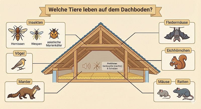Infografik zeigt verschiedene Tiere, die auf dem Dachboden leben können, darunter Marder, Mäuse, Ratten, Vögel, Fledermäuse und Insekten