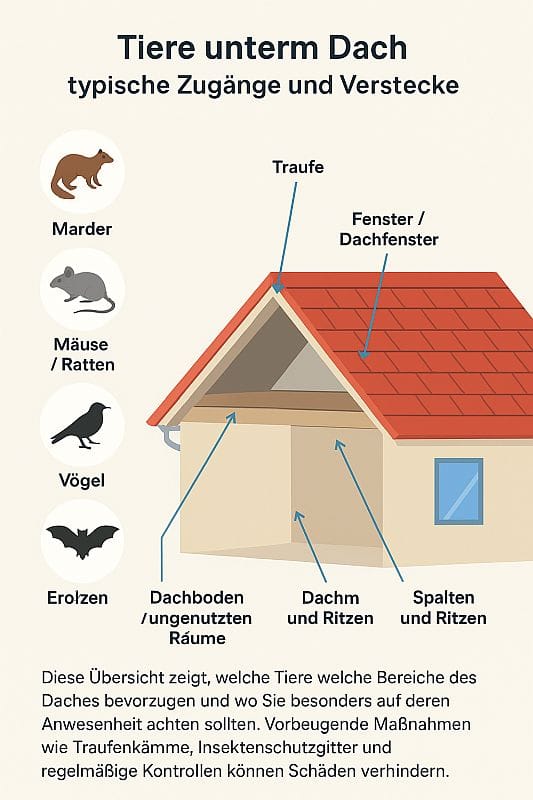 Infografik zeigt verschiedene Eintrittsstellen für Tiere unterm Dach, z. B. Traufen, Dachfenster, Spalten und Öffnungen, durch die Mäuse, Ratten, Marder, Vögel, Fledermäuse und Insekten ins Dach eindringen können