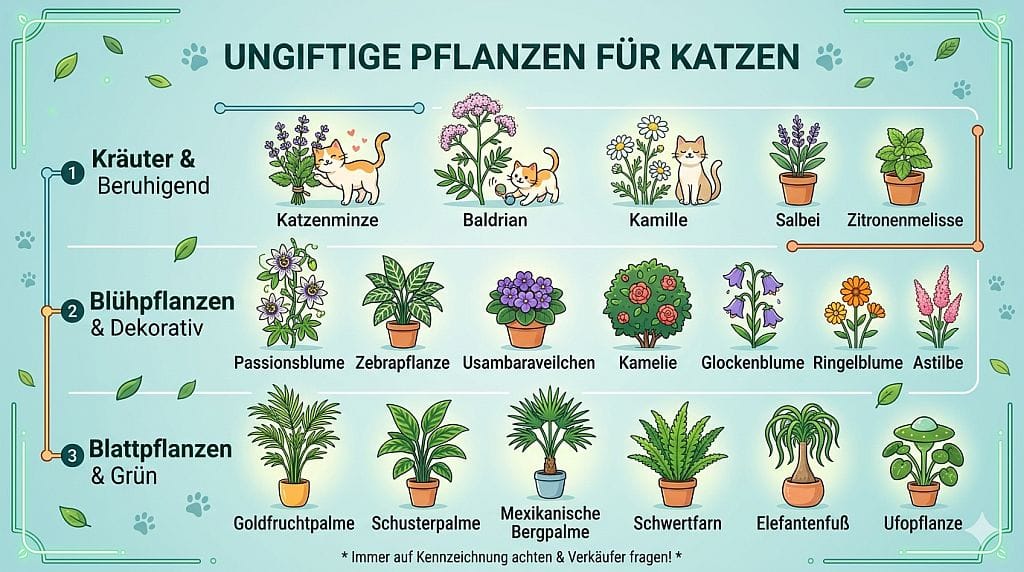 Infografik mit ungiftigen Pflanzen für Katzen – Blattpflanzen, Kletterpflanzen und Kräuter, die für Katzen ungefährlich und teilweise sogar gesundheitsfördernd sind
