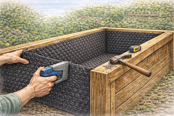 Illustration zeigt das Anbringen der Hochbeetfolie: Noppenfolie wird entlang der Innenwände gelegt und mit einem Tacker sicher fixiert