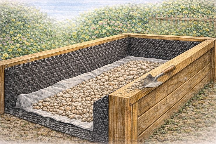 Illustration: Im Hochbeet liegt auf der Noppenfolie ein Vlies, darüber eine Kiesschicht zur Drainage gegen Staunässe