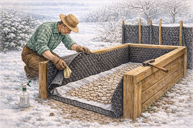 Illustration zeigt die Pflege des Hochbeets nach der Saison: Folie wird im Winter kontrolliert, gereinigt und bei Bedarf verstärkt