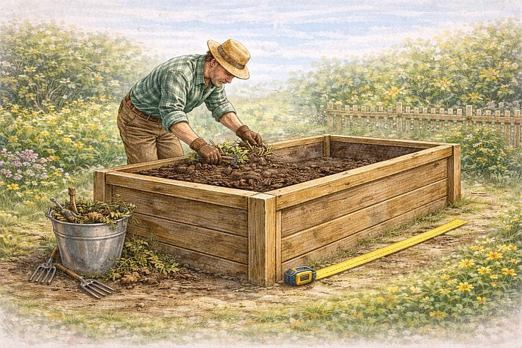 Illustration: Hochbeet wird vor der Folienmontage geleert, Unkraut und Pflanzenreste werden entfernt, Maßband liegt zum Ausmessen bereit