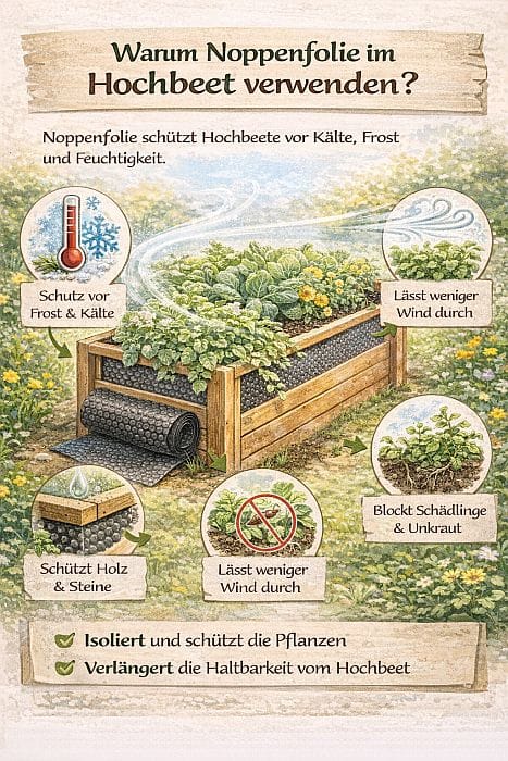 Infografik zeigt ein Hochbeet mit Noppenfolie als Isolierung gegen Frost, zur Feuchtigkeitsregulierung, zum Schutz vor Schädlingen und zur Verlängerung der Lebensdauer