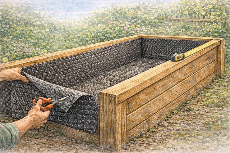 Illustration: Noppenfolie im Hochbeet wird mit Schere zugeschnitten, glatt ausgelegt und an die Innenmaße angepasst; Maßband liegt bereit