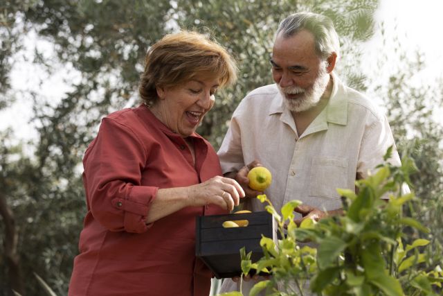 Ältere Frau und älterer Mann stehen im Garten, pflücken frische Äpfel von einem Baum und freuen sich über die Ernte – Gartentherapie für Senioren